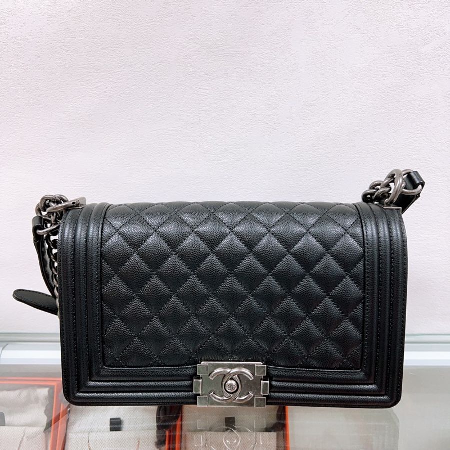 Chanel boy 25 黑銀荔枝牛皮 中號鏈條包-0