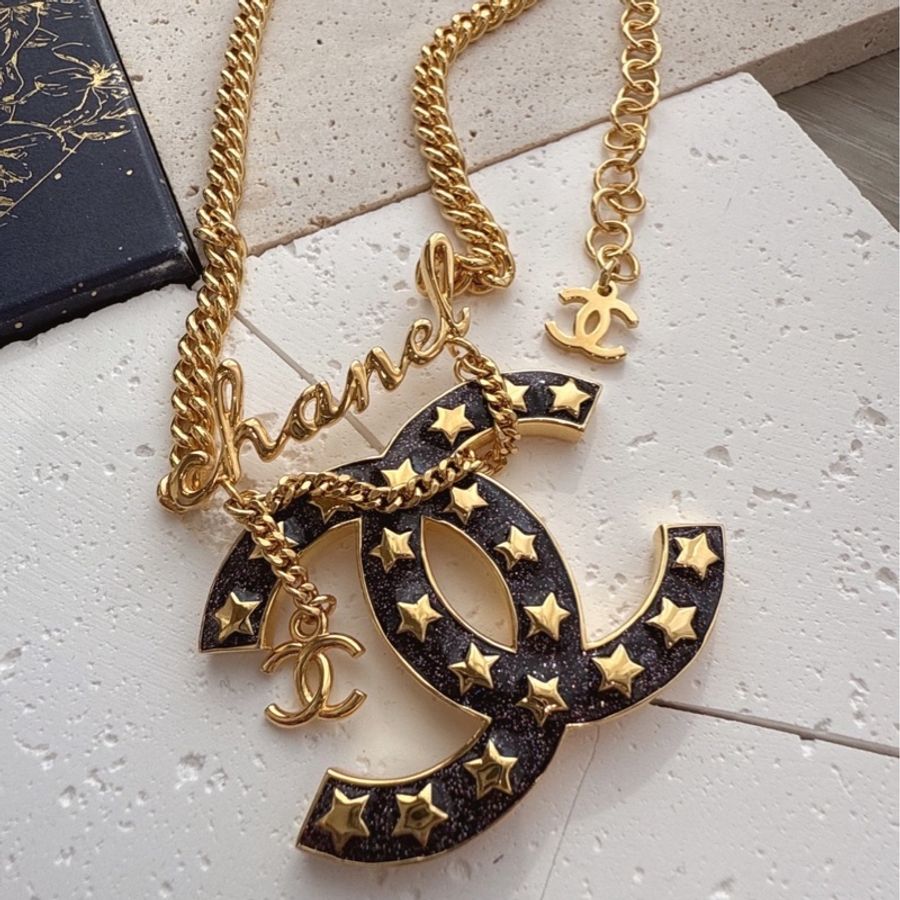 CHANEL 黑色雙C星星字母長項鍊-0
