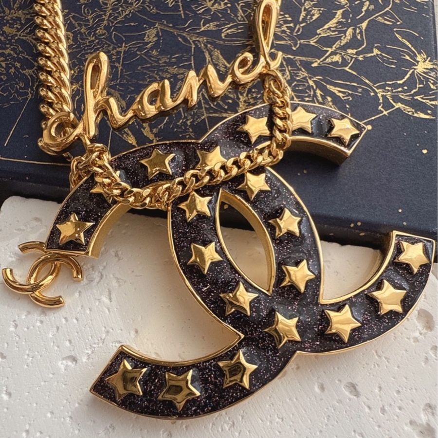 CHANEL 黑色雙C星星字母長項鍊-2