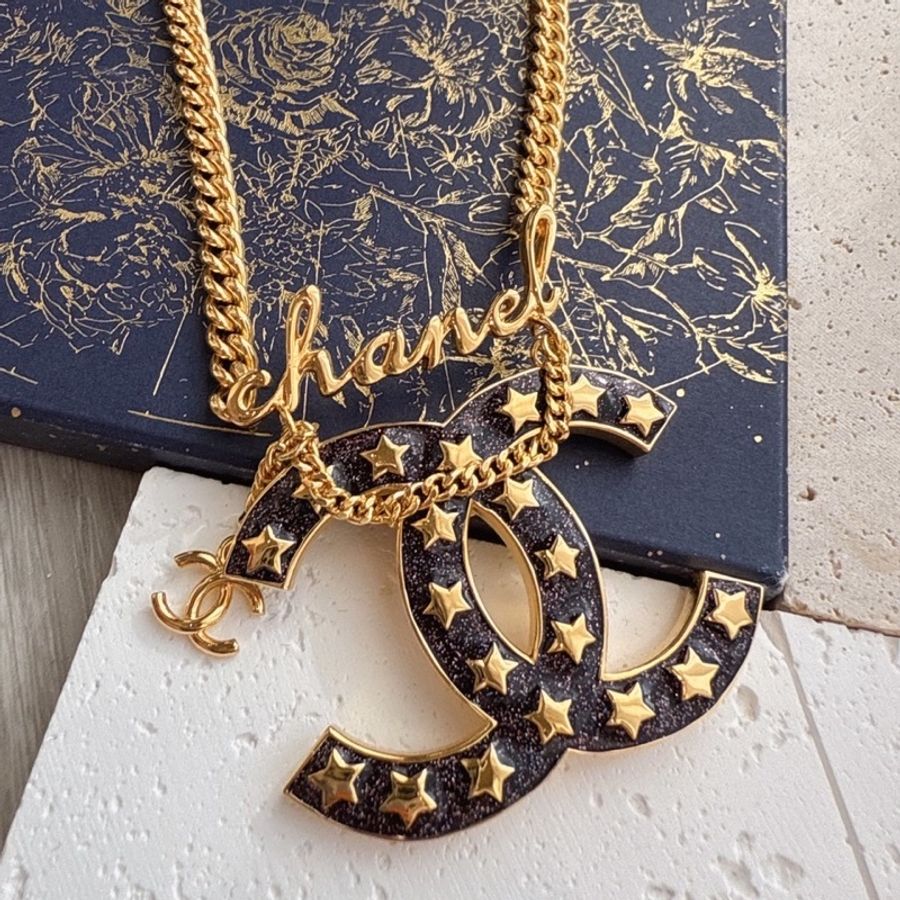 CHANEL 黑色雙C星星字母長項鍊-3