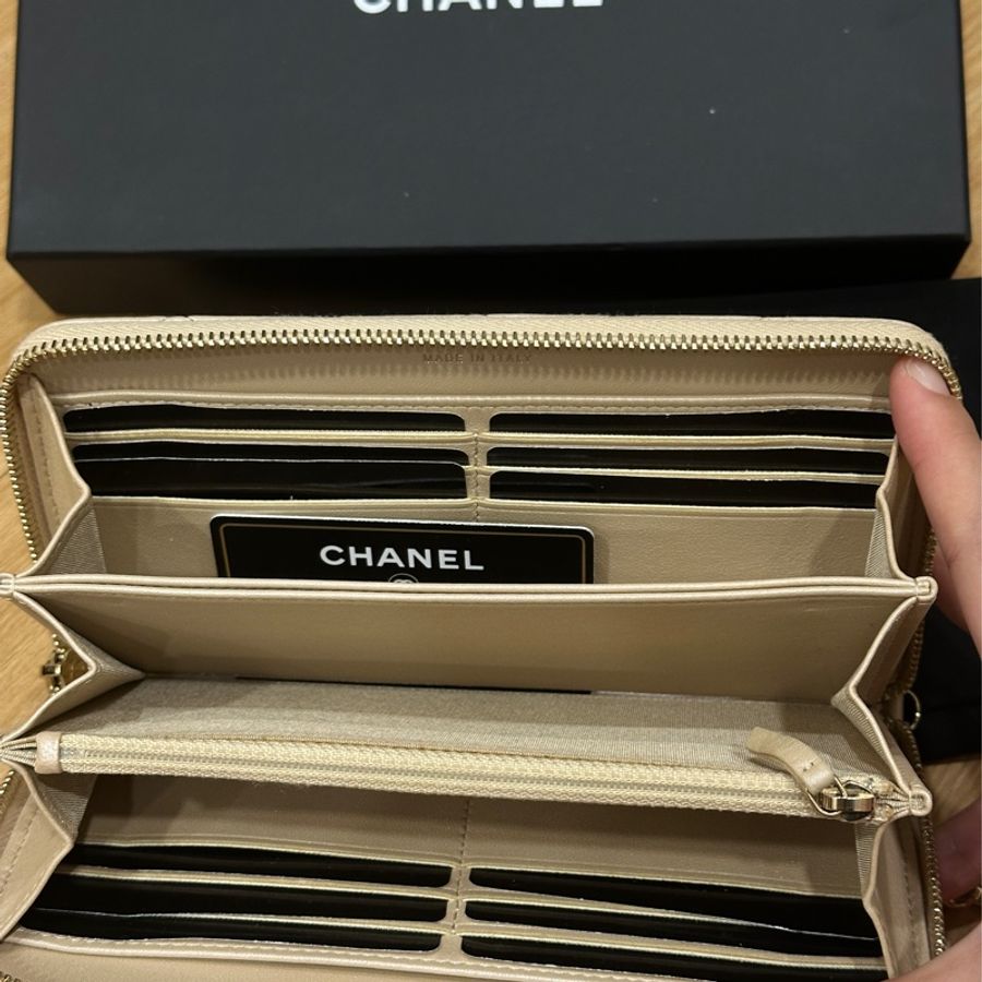 新年發財 錢包🧧CHANEL 香奈兒 香檳金 小羊皮 珍珠鏈條 拉鍊長夾 喜歡來議價❤️-3