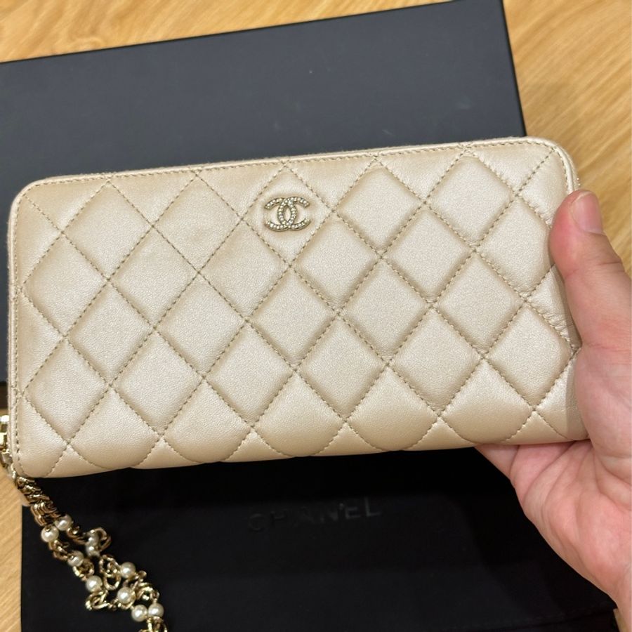 新年發財 錢包🧧CHANEL 香奈兒 香檳金 小羊皮 珍珠鏈條 拉鍊長夾 喜歡來議價❤️-5