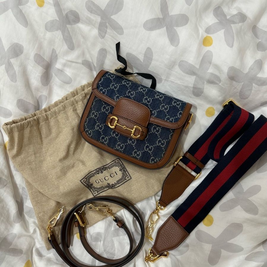 Gucci 1955 mini 丹寧牛仔雙肩帶馬鞍包-0
