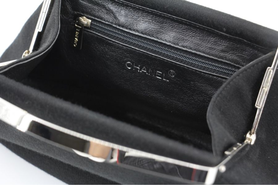 Chanel Vintage 97-99 Metal & Suede Black Silver Top Handle Satchel Clutch Evening Party Bag-16