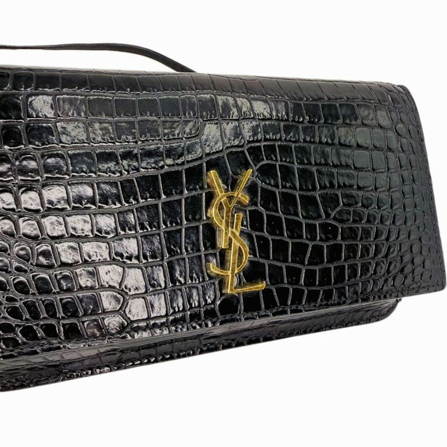 SAINT LAURENT聖羅蘭 YSL CASSANDRE MONOGRAM 金標Logo亮面鱷魚紋壓花 小牛皮 斜背包手機包 女款 黑色-4