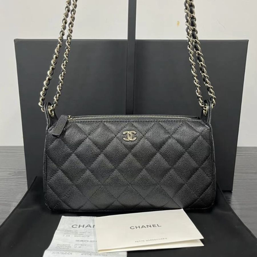 CHANEL黑金25A大麻醬魚子醬牛皮腋下 HOBO包21*12*5.5 全新閒置配件盒子塵袋購證-4