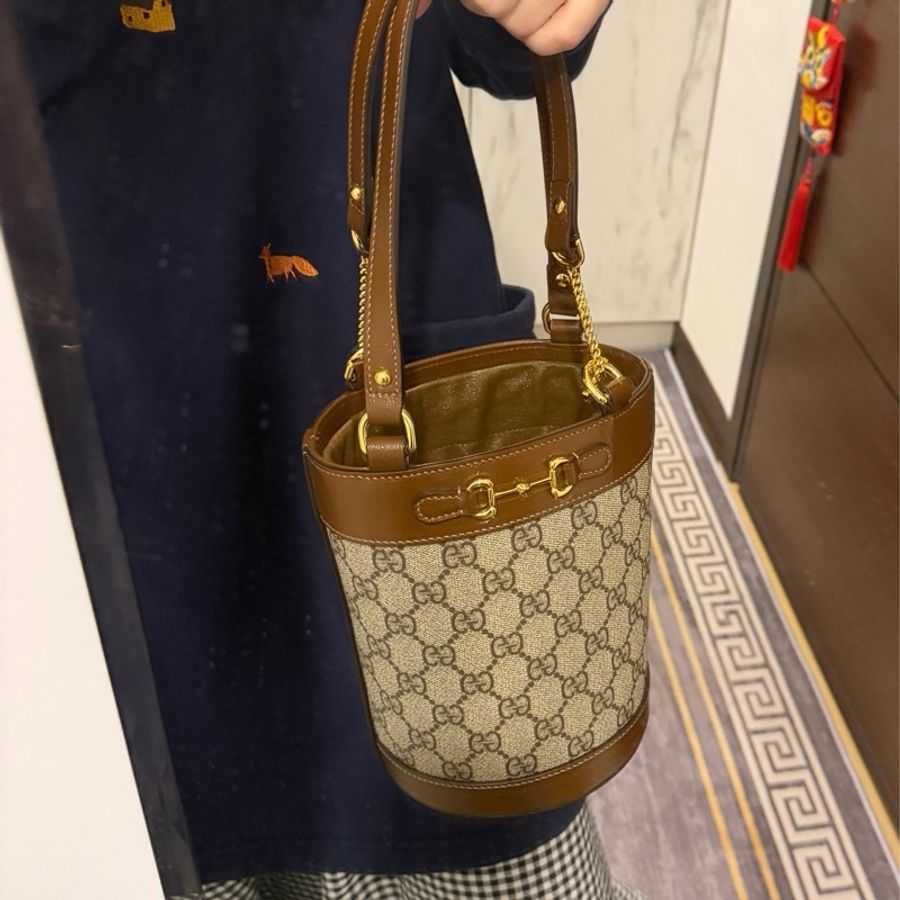 正品 Gucci 637115 棕色 馬銜釦 1955水桶包 手提包 圓桶包-20