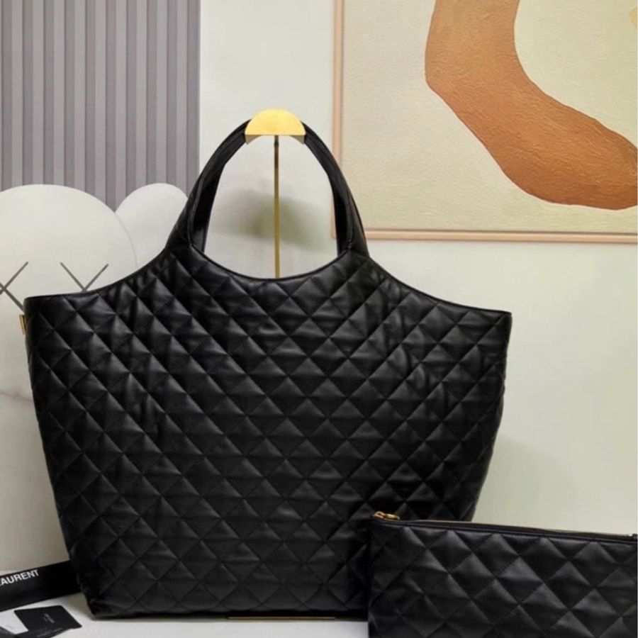 全新YSL Icare Maxi托特包 黑色菱格紋羊皮 金色YSL標誌 尺寸38x43x8cm-4