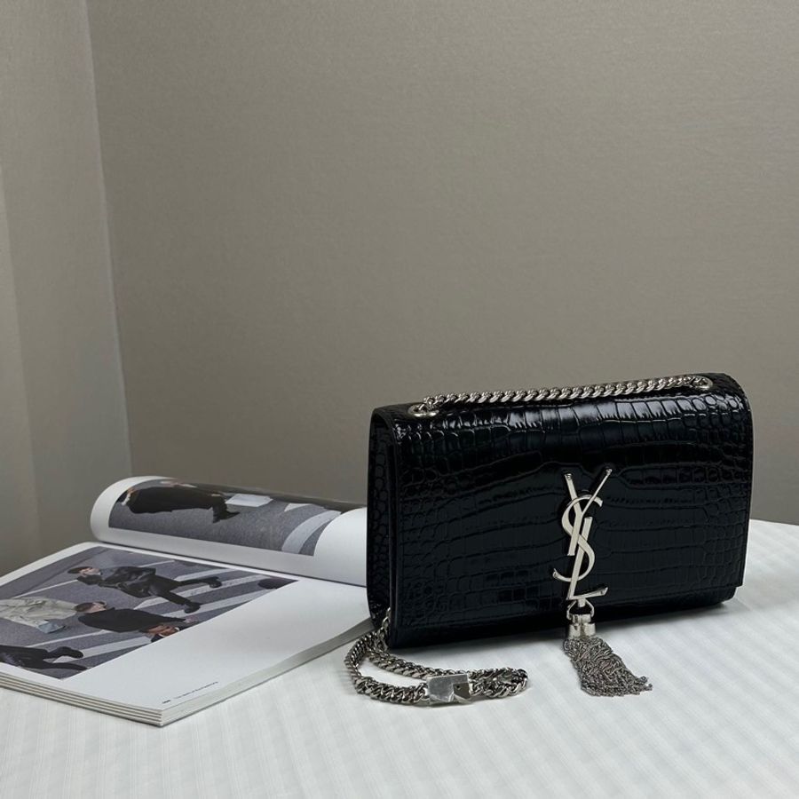 閒置聖羅蘭YSL Kate流蘇包銀標 Logo黑銀鰐魚紋壓印亮面皮革鏈條單肩斜挎包小號-0