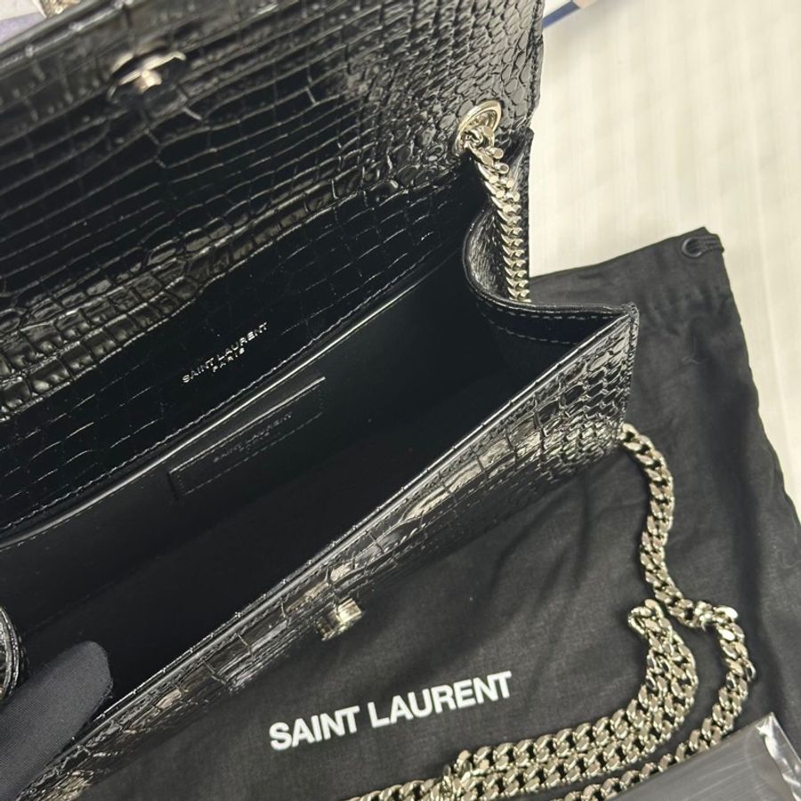 閒置聖羅蘭YSL Kate流蘇包銀標 Logo黑銀鰐魚紋壓印亮面皮革鏈條單肩斜挎包小號-9