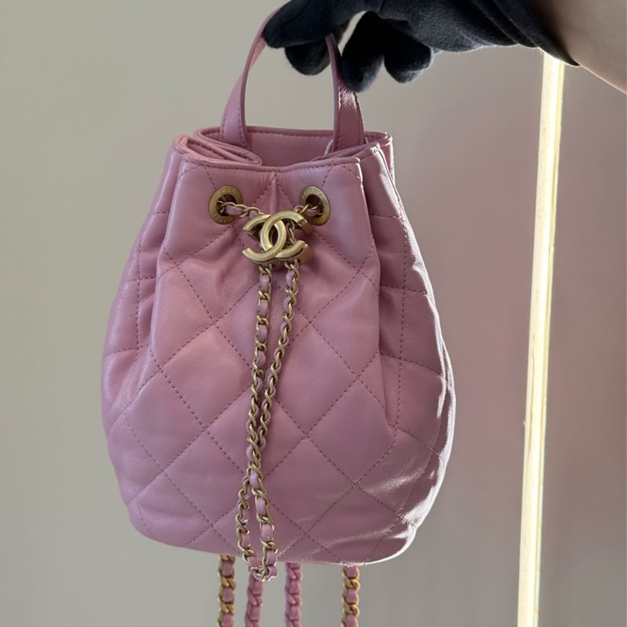CHANEL 粉色抽繩雙肩包後背包 芯片款-9