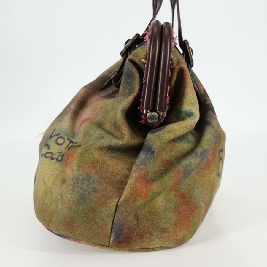 【日本直送】香奈兒刺繡塗鴉手袋 帆布皮革 卡其色 CC 標誌 正品 127134SM-2