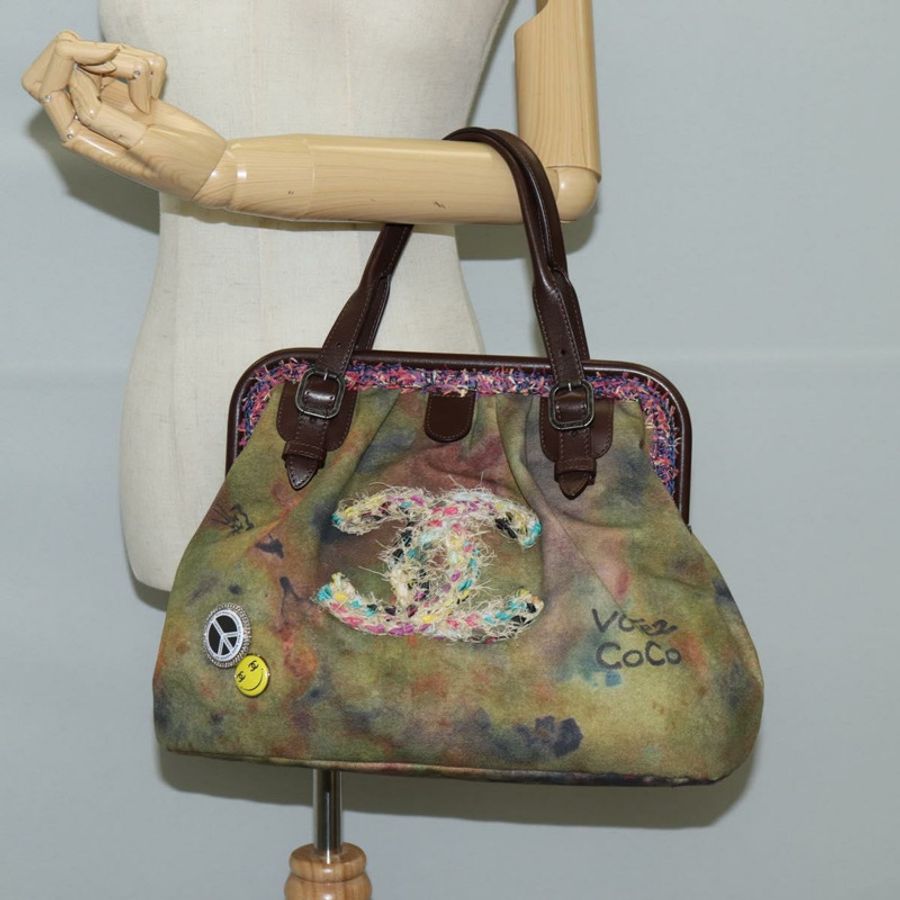 【日本直送】香奈兒刺繡塗鴉手袋 帆布皮革 卡其色 CC 標誌 正品 127134SM-25