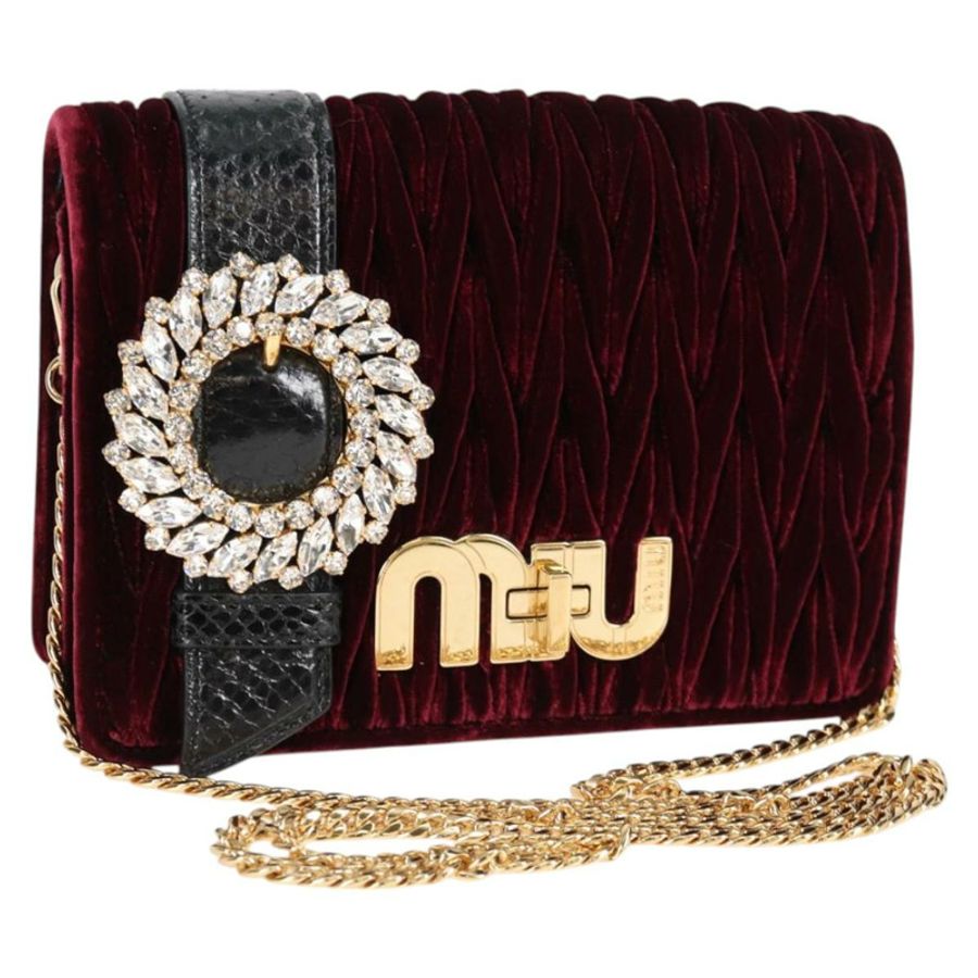 【日本直送】Miu Miu Matelasse Bijoux 單肩包,天鵝絨材質,酒紅色,金色,正品,貨號 118941M-0