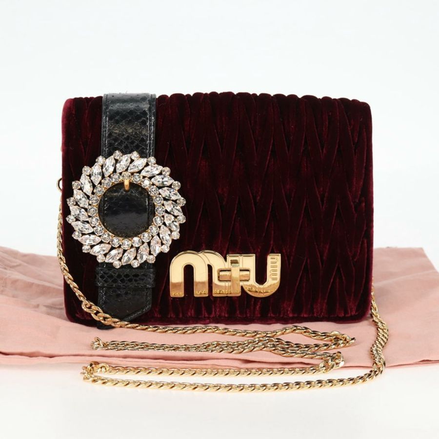 【日本直送】Miu Miu Matelasse Bijoux 單肩包,天鵝絨材質,酒紅色,金色,正品,貨號 118941M-11