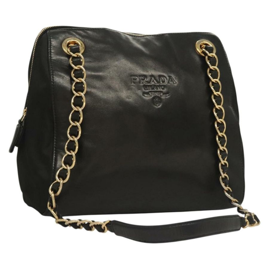 【日本直送】PRADA 鏈條單肩包 皮革 黑色 金色 正品 yk18939-0