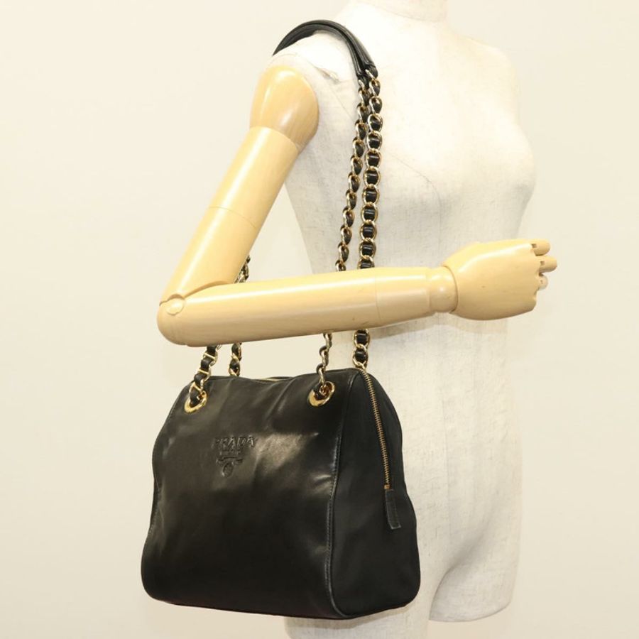 【日本直送】PRADA 鏈條單肩包 皮革 黑色 金色 正品 yk18939-23