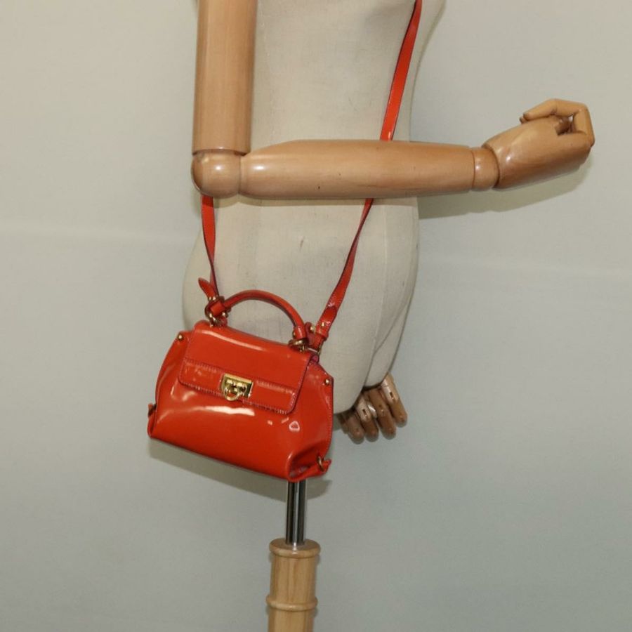 【日本直送】Salvatore Ferragamo Gancini 手提包 漆皮 兩用 橘色 金色 正品 137418-23