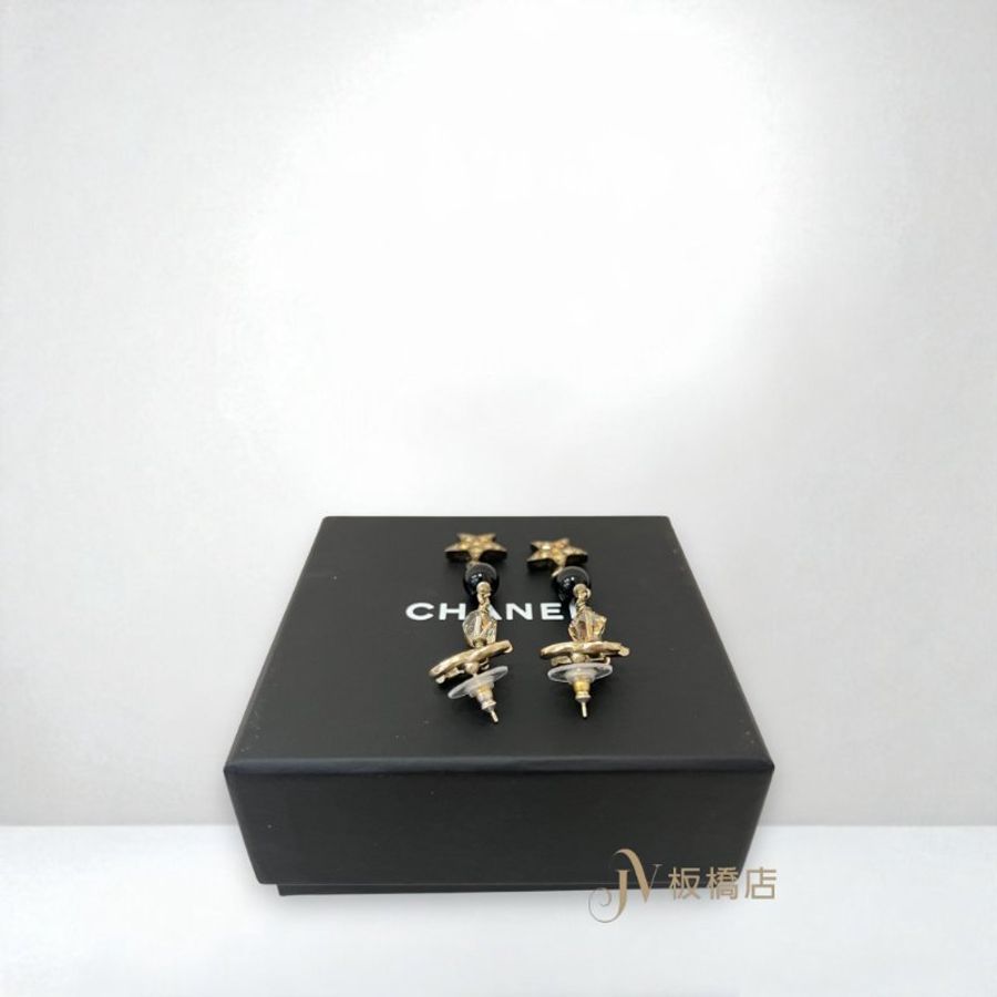 JS1062-CHANEL 黃色水鑽雙C垂墜串珠星星耳環-3