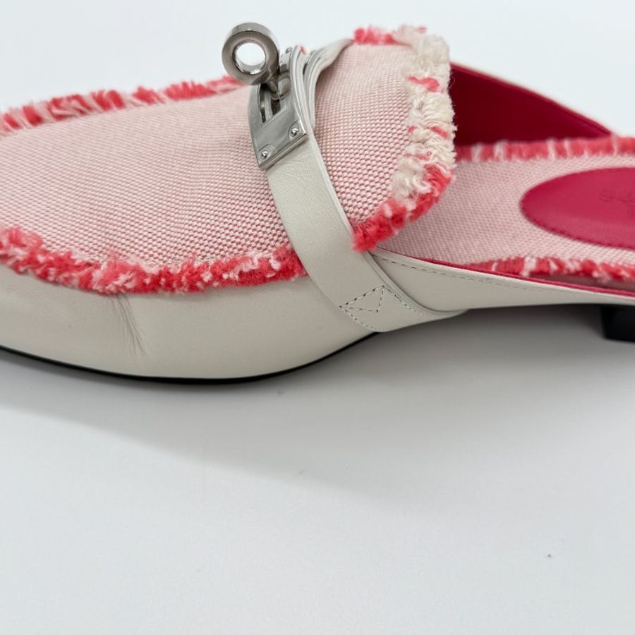 HERMES 愛馬仕 奶昔白 牛皮拼織物 KELLY 穆勒鞋 EU 35 1/2|專櫃62,000-14