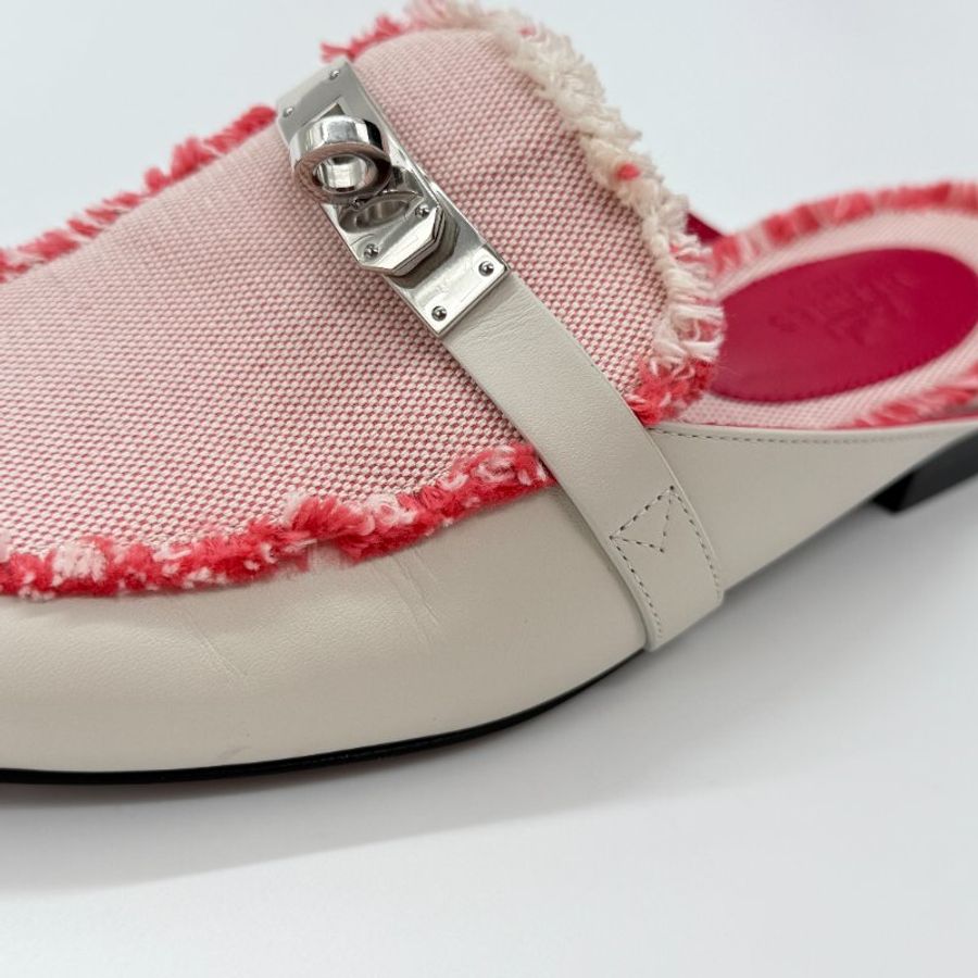 HERMES 愛馬仕 奶昔白 牛皮拼織物 KELLY 穆勒鞋 EU 35 1/2|專櫃62,000-15