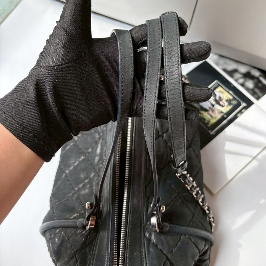 Chanel 銀鍊黑色幻彩小牛皮菱格兩用波士頓包-6