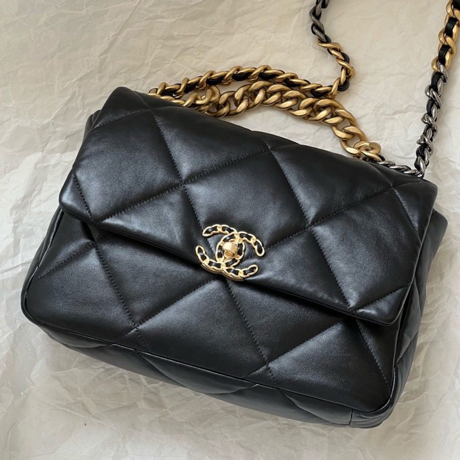Chanel香奈兒 19bag黑金中號羊皮鏈條包 芯片款-2