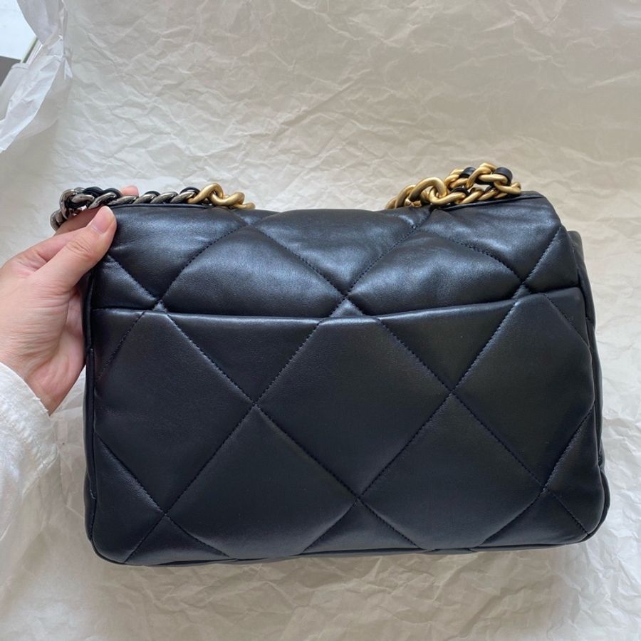 Chanel香奈兒 19bag黑金中號羊皮鏈條包 芯片款-9