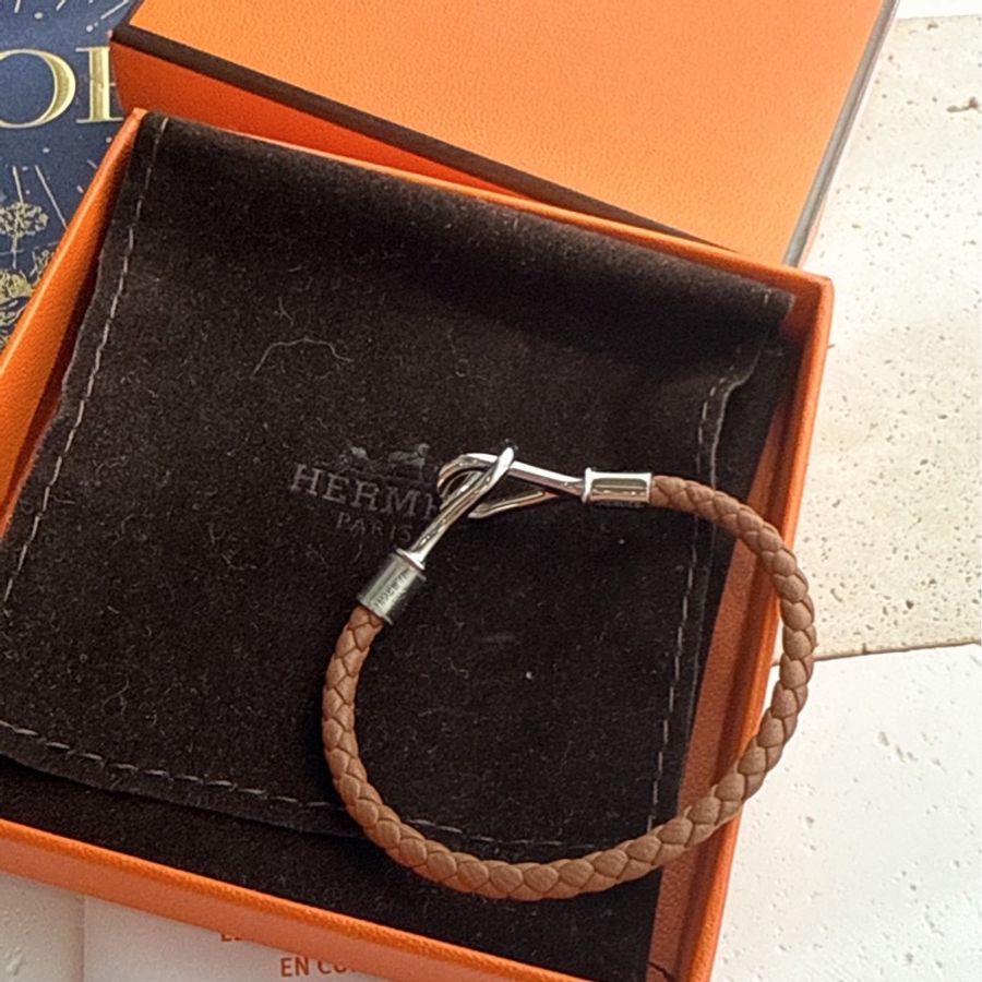 HERMES 棕色編織Jumbo銀扣手環-0