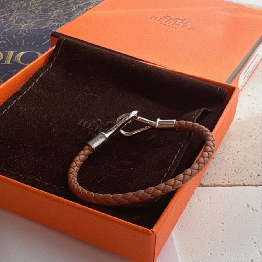 HERMES 棕色編織Jumbo銀扣手環-1