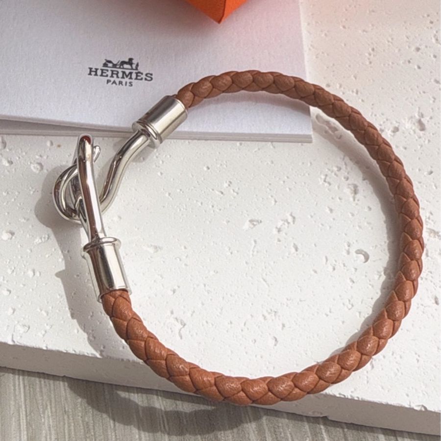 HERMES 棕色編織Jumbo銀扣手環-3