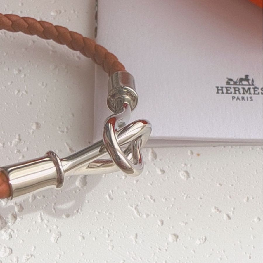 HERMES 棕色編織Jumbo銀扣手環-4