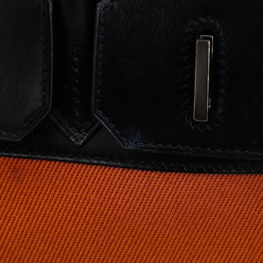 7成新 HERMÈS 愛馬仕 限量收藏款 Birkin 30 Potamus 89 黑色 Noir 93 愛馬仕橘 Orange Box牛皮 Toile H 帆布 銀扣 □J刻 2006年 (思英HX-7