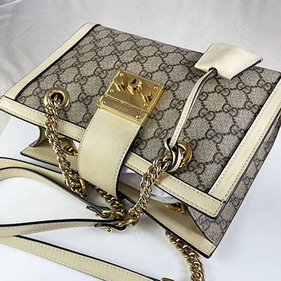 【G1687】 GUCCI咖啡色PVC拚白色牛皮 Padlock GG小型兩用包 498156-2