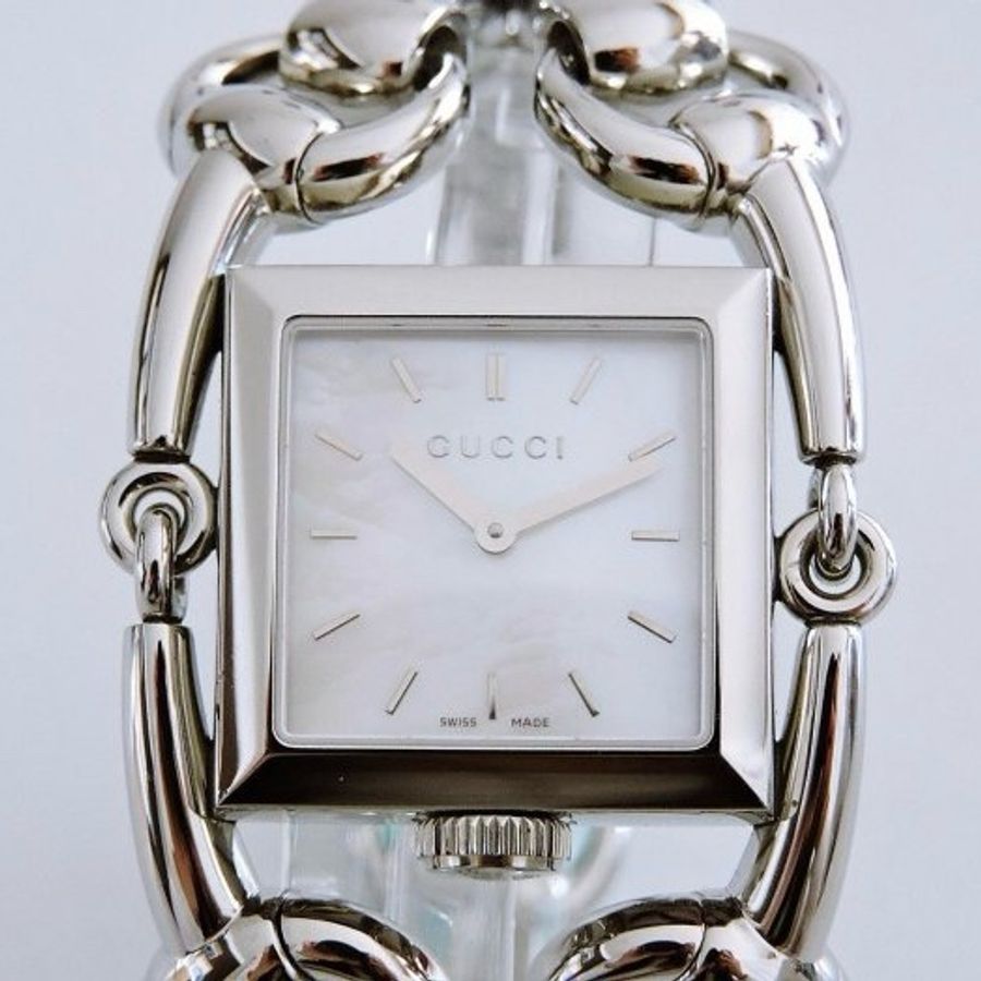 真品 GUCCI 古馳 Signoria 馬鞍馬銜鍊珍珠母貝大型手鍊手錶 女錶-0