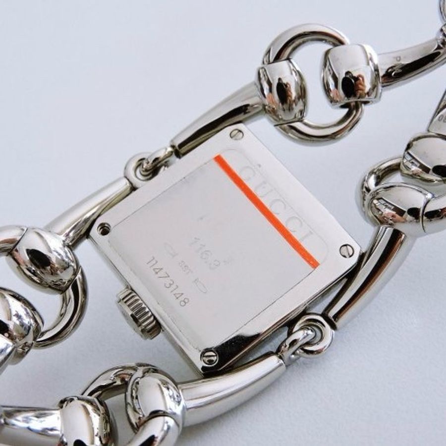 真品 GUCCI 古馳 Signoria 馬鞍馬銜鍊珍珠母貝大型手鍊手錶 女錶-3