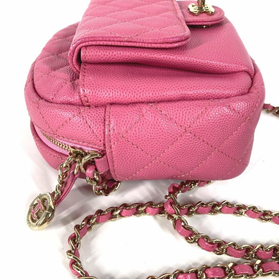 CHANEL 絎縫鏈條包,帶 Coco 標誌,Pochette 單肩包,魚子醬皮革,粉紅色-1