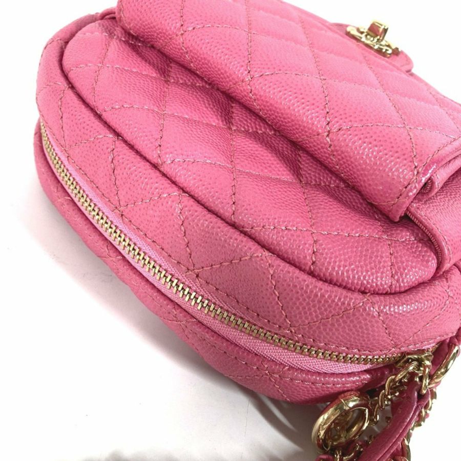 CHANEL 絎縫鏈條包,帶 Coco 標誌,Pochette 單肩包,魚子醬皮革,粉紅色-4