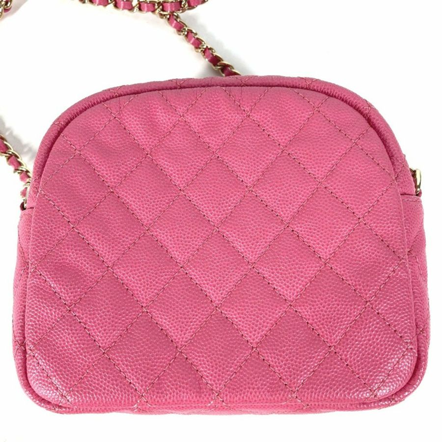 CHANEL 絎縫鏈條包,帶 Coco 標誌,Pochette 單肩包,魚子醬皮革,粉紅色-8