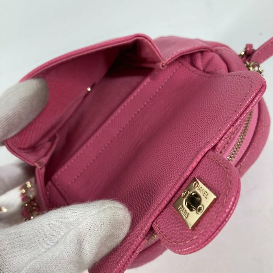 CHANEL 絎縫鏈條包,帶 Coco 標誌,Pochette 單肩包,魚子醬皮革,粉紅色-10