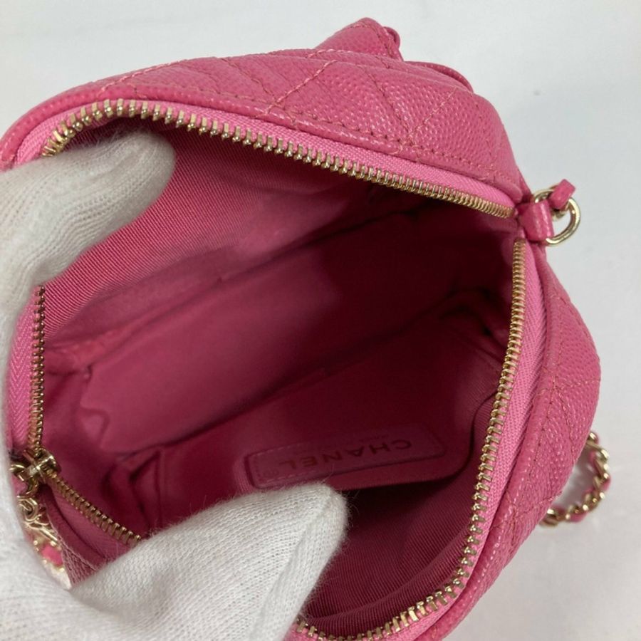 CHANEL 絎縫鏈條包,帶 Coco 標誌,Pochette 單肩包,魚子醬皮革,粉紅色-11