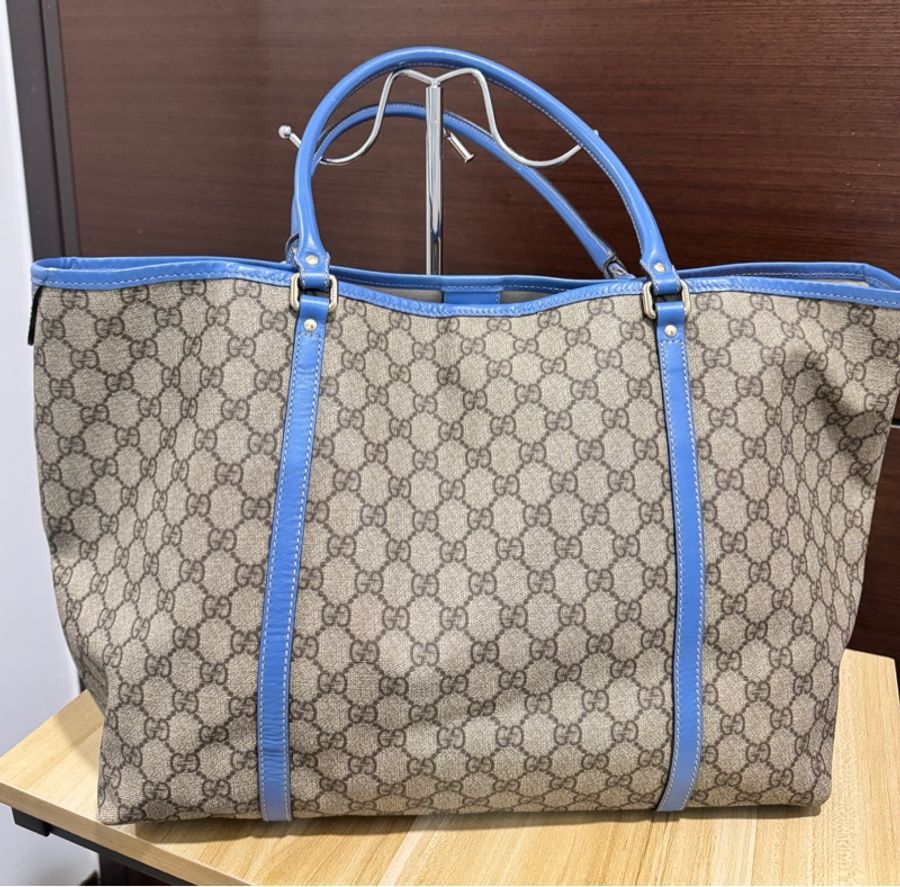 專櫃正品 GUCCI 古馳197954 藍邊GG紋 PVC TOTE 精品包 托特包 肩背包 購物包-3