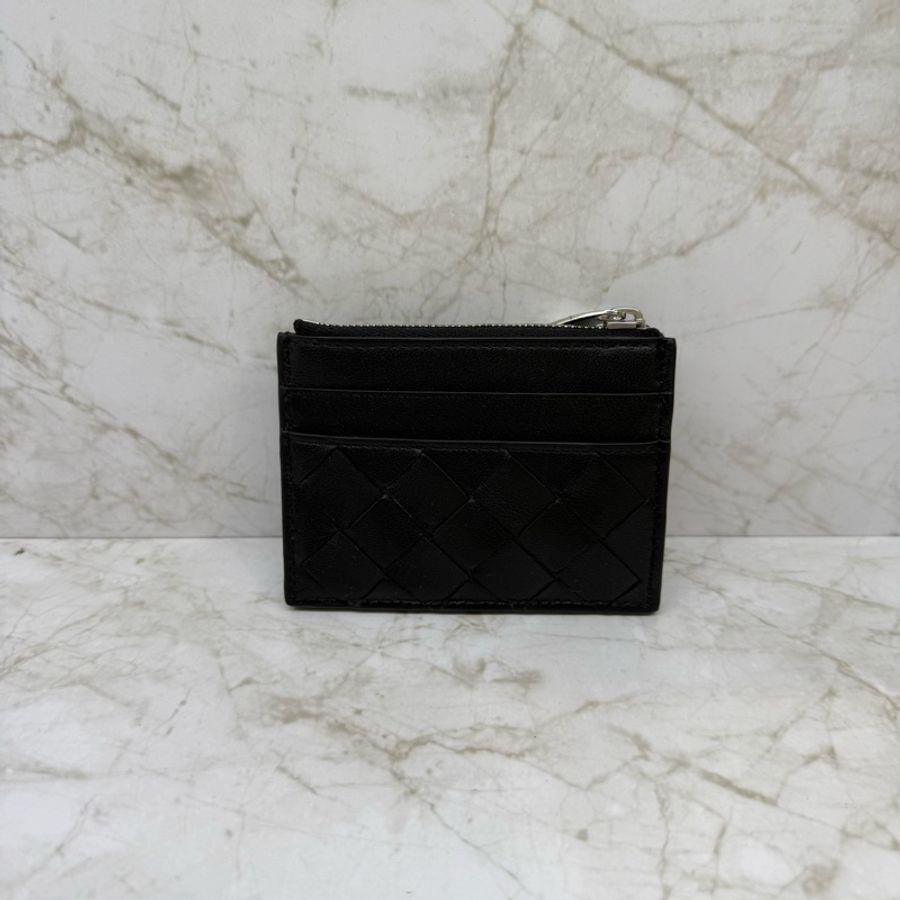 BOTTEGA VENETA 經典大格編織雙面拉鍊卡夾/黑-0