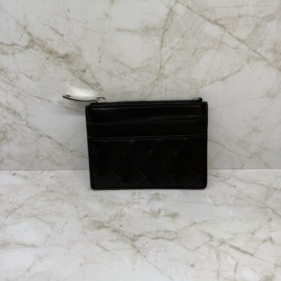 BOTTEGA VENETA 經典大格編織雙面拉鍊卡夾/黑-1