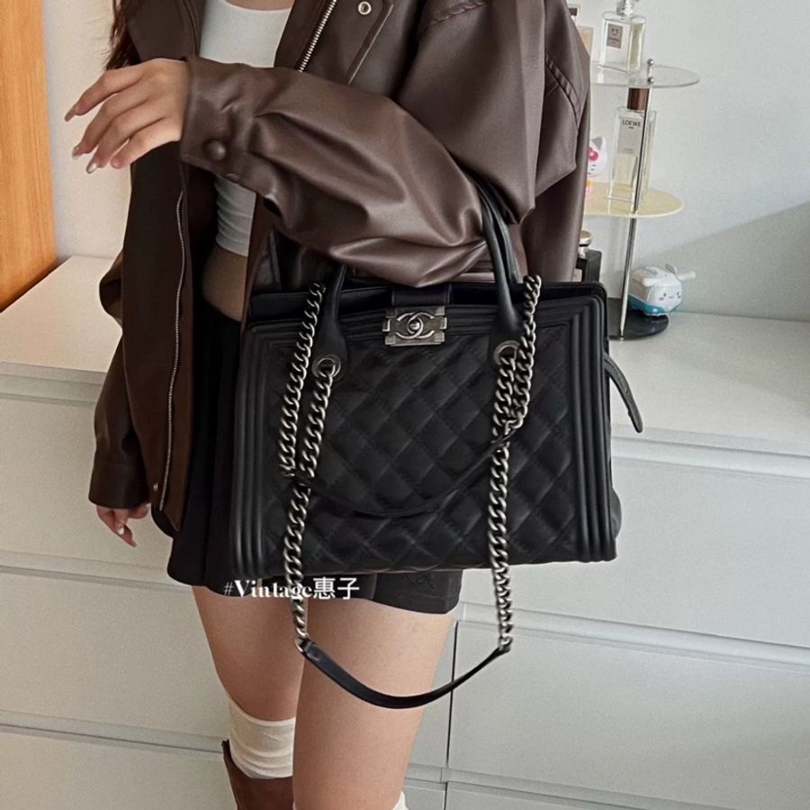 Chanel Leboy黑銀做舊牛皮托特包 #長肩帶🉑肩背 #稀有收藏款割愛-1