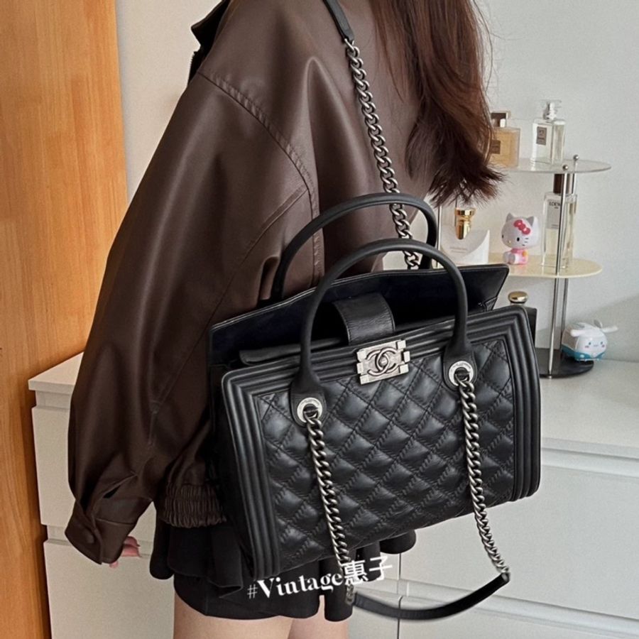 Chanel Leboy黑銀做舊牛皮托特包 #長肩帶🉑肩背 #稀有收藏款割愛-3