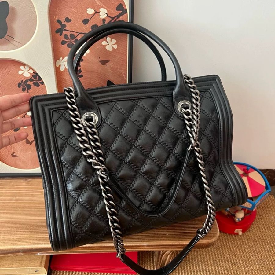 Chanel Leboy黑銀做舊牛皮托特包 #長肩帶🉑肩背 #稀有收藏款割愛-6