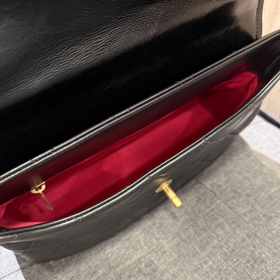 CHANEL Handle 黑色牛皮拼亮面皮霧金釦手提包 肩背包斜背包-9