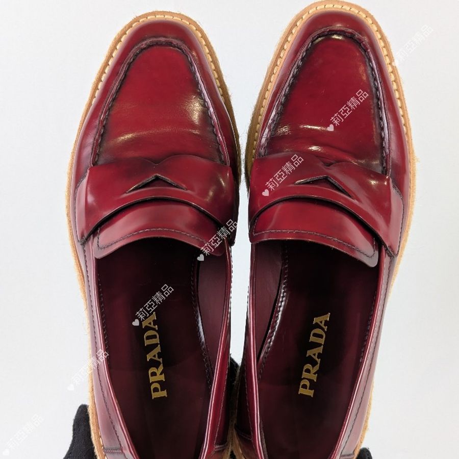 莉亞精品♡Prada 草編厚底樂福鞋 酒紅 近新閒置 尺碼38.5-4
