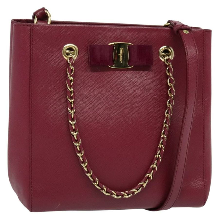 【日本直送】Salvatore Ferragamo 鏈條 Vala 手提包 皮革 粉紅色 金飾 正品 BA4315-0